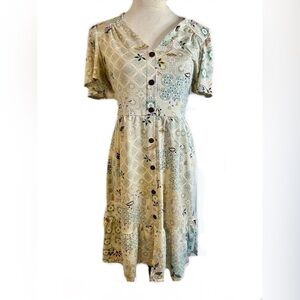 Monteau Button Down Cream Midi Dress Mixed Print Size Large NWOT